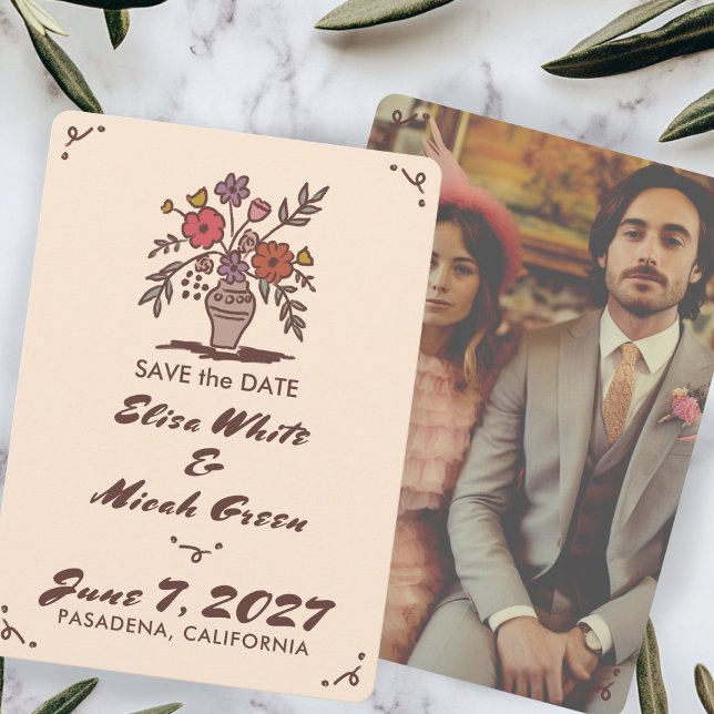 Floral Vase Rustic Whimsical Sketch Custom Photo Save The Date (Floral Vase Rustic Whimsical Sketch Custom Photo Save The Date
)