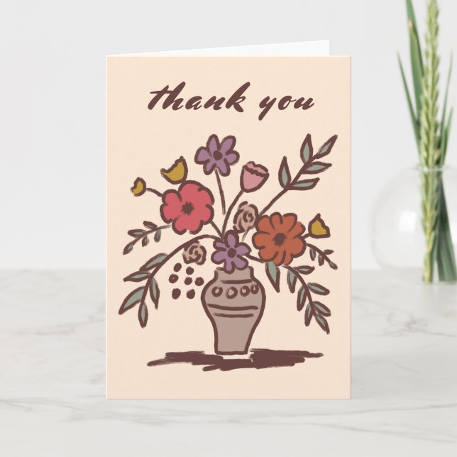 Floral Vase Rustic Whimsical Sketch Neutral Chic Thank You Card (Front)