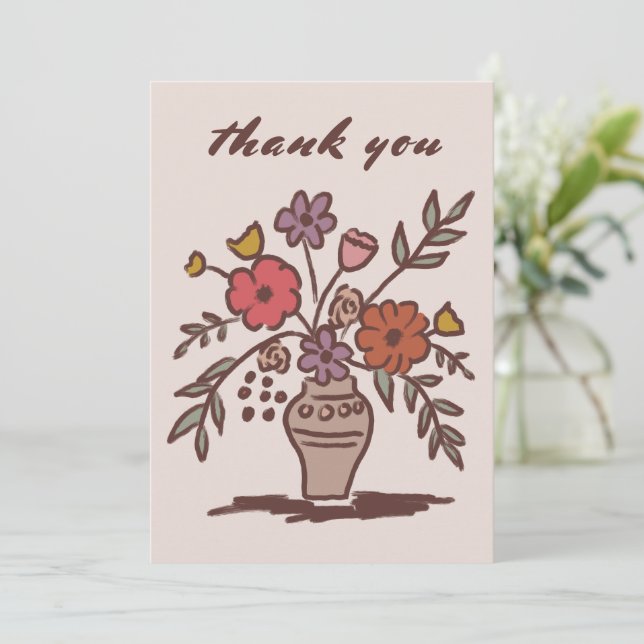 Floral Vase Rustic Whimsical Sketch Neutral Colour Thank You Card (Standing Front)