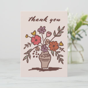 Floral Vase Rustic Whimsical Sketch Neutral Colour Thank You Card