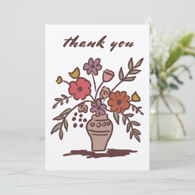 Floral Vase Rustic Whimsical Sketch Neutral Kraft Thank You Card (Standing Front)