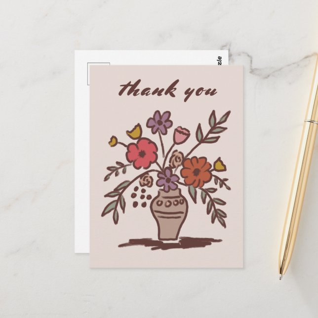 Floral Vase Rustic Whimsical Sketch Thank You Postcard (Front/Back In Situ)