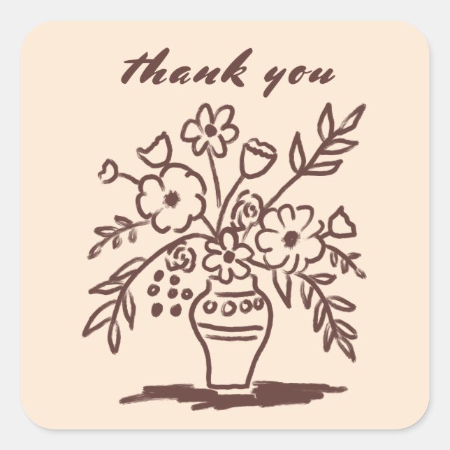 Floral Vase Rustic Whimsical Sketch Thank You  Square Sticker (Front)
