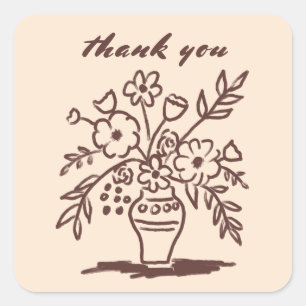 Floral Vase Rustic Whimsical Sketch Thank You  Square Sticker