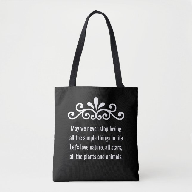 Floral Vector, Nature Love Text on Black Tote Bag (Front)