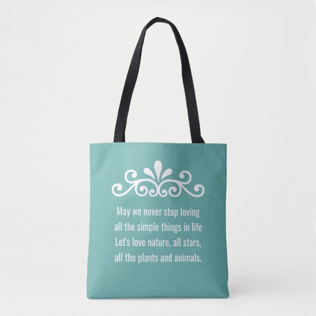 Floral Vector, Nature Love Text on Teal Tote Bag (Front)