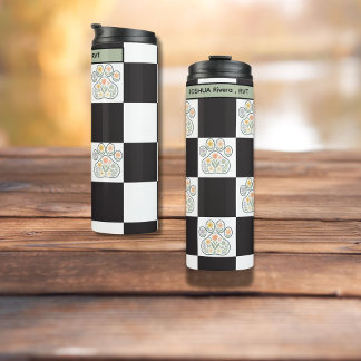 Floral Veterinary Pawprint chequerboard Name Thermal Tumbler
