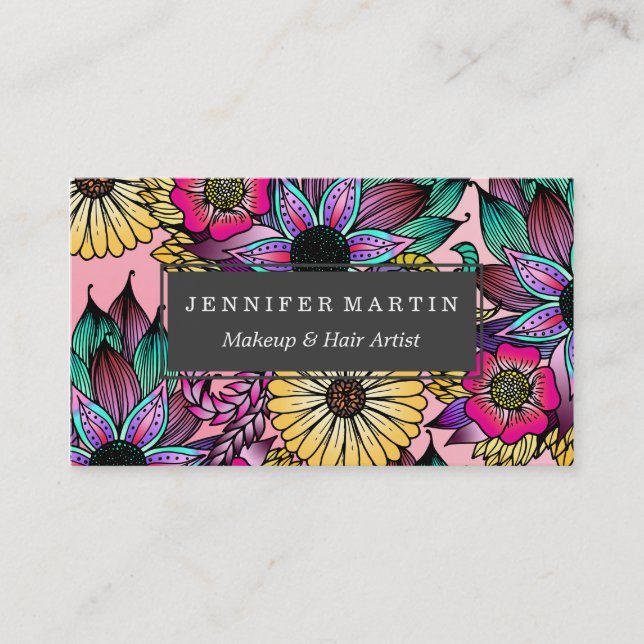 Floral Vibrant Hand Drawn Illustrated Flowers Business Card (Front)