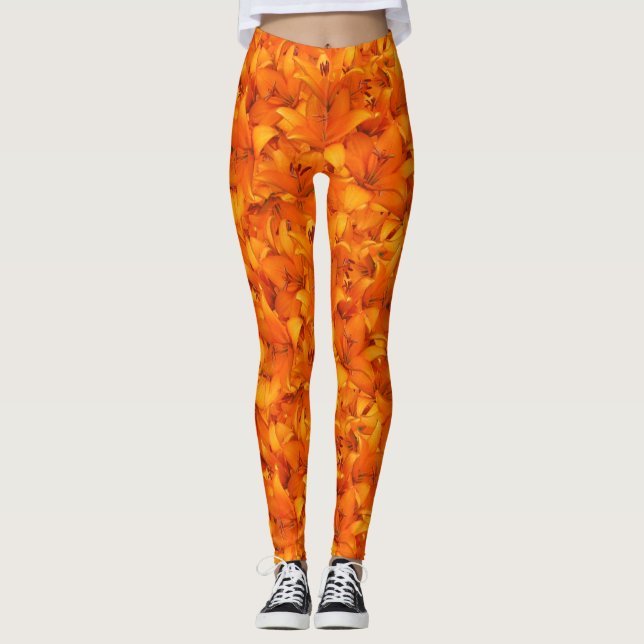 Floral Vibrant Orange Garden Lilies Photo Leggings (Front)