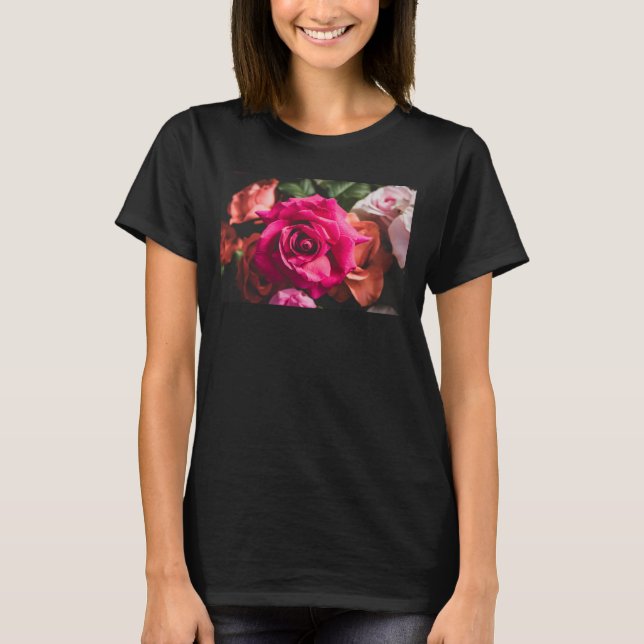 Floral Vibrant Pink Rose Flower Photography  T-Shirt (Front)