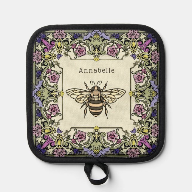 Floral Victorian Bee Personalise Pot Holder (Front)