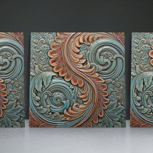 Floral Victorian Teal Orange Leaf Patterns Tile