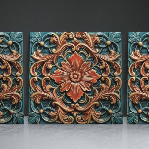 Floral Victorian Teal Orange Leaf Patterns Tile