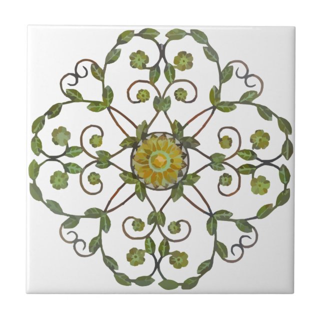 floral vine flower design pattern - green yellow tile (Front)