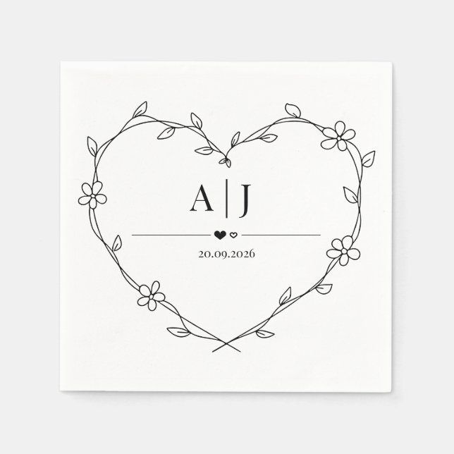 Floral Vine Heart Monogram Wedding Napkin (Front)