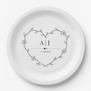 Floral Vine Heart Monogram Wedding Paper Plate