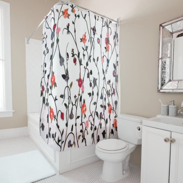 Floral Vines Coral Pink Blue Feminine Shower Curtain (In Situ)