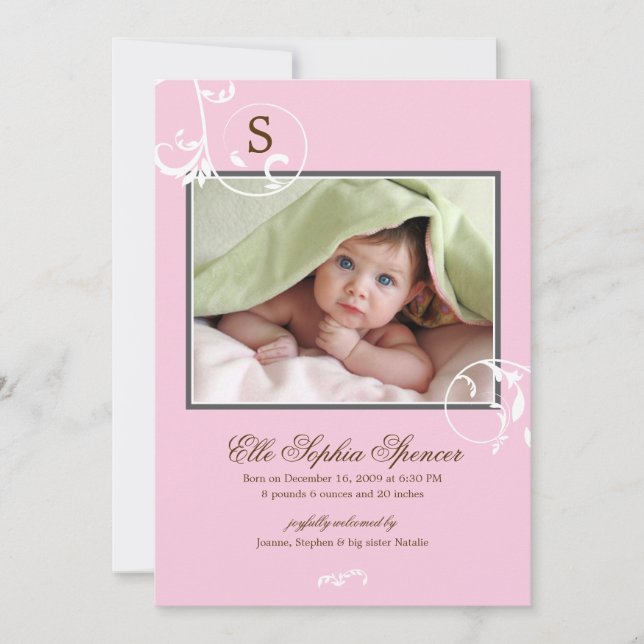 Floral Vines Monogram Photo Birth Announcement (Front)