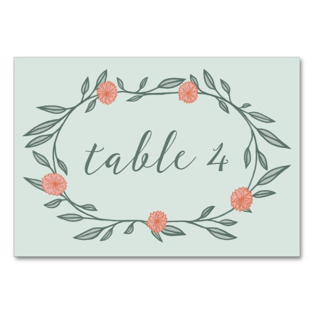 Floral Vines Wreath Chic Elegant Pink Green Custom Table Number (Front)