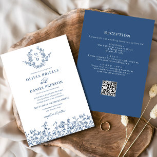 Floral Vintage All in One Navy Blue Wedding Invitation