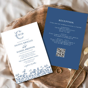 Floral Vintage All in One Navy Blue Wedding Invitation