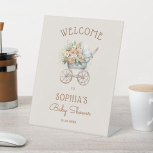 Floral Vintage Baby Carriage Baby Shower Welcome  Pedestal Sign