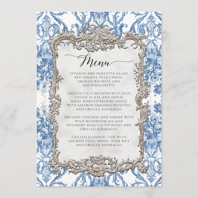 Floral Vintage Baroque Rococo Blue Silver Menu (Front)