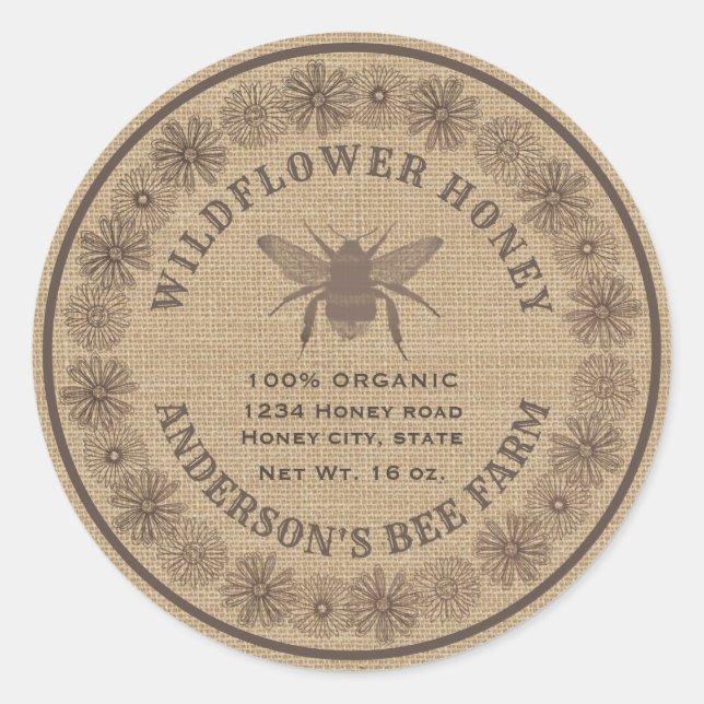 Floral vintage bee linen honey jar label (Front)