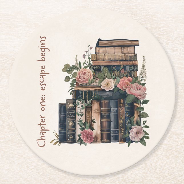 Floral Vintage Book Stack Round Paper Coaster (Front)