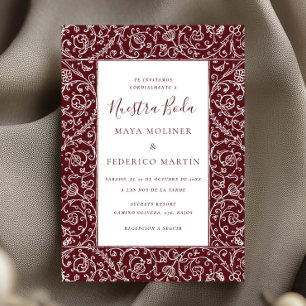 Floral Vintage Burgundy Nuestra Boda Wedding Invitation
