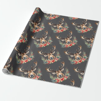 Floral Vintage Christmas Reindeer Wrapping Paper