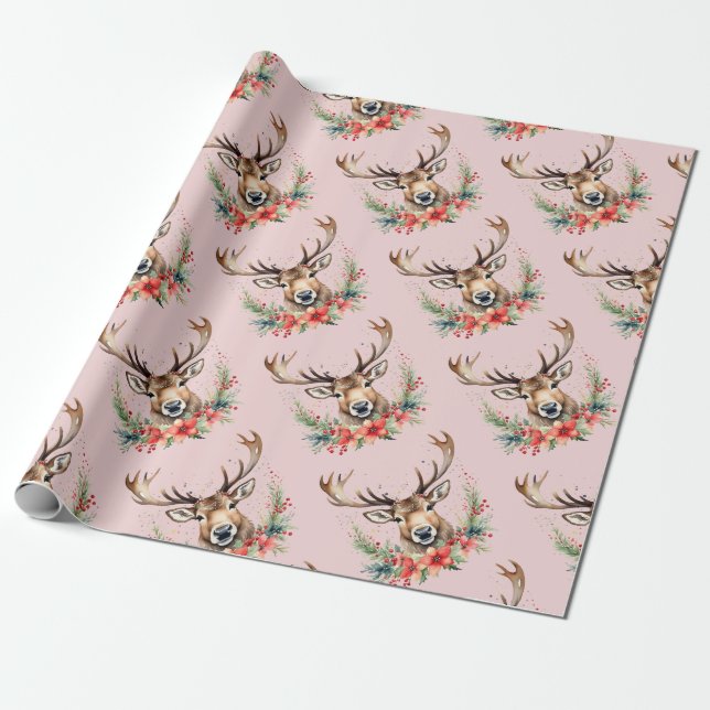 Floral Vintage Christmas Reindeer  Wrapping Paper (Unrolled)