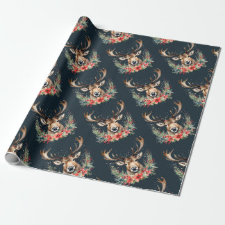 Floral Vintage Christmas Reindeer Wrapping Paper