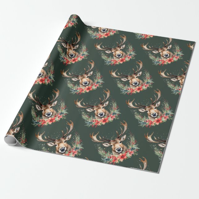 Floral Vintage Christmas Reindeer  Wrapping Paper (Unrolled)
