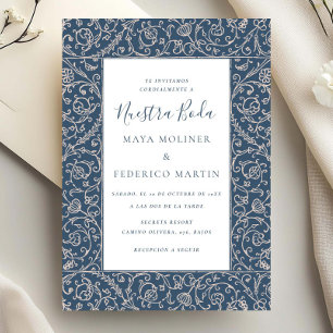 Floral Vintage Dark Blue Nuestra Boda Wedding Invitation