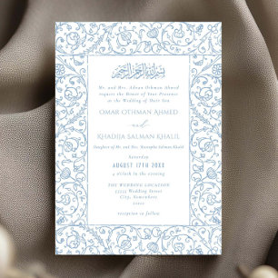 Floral Vintage Dusty Blue Islamic Muslim Wedding Invitation