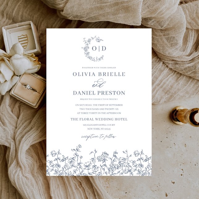 Floral Vintage Dusty Blue Monogram Wedding Invitation (Creator Uploaded)