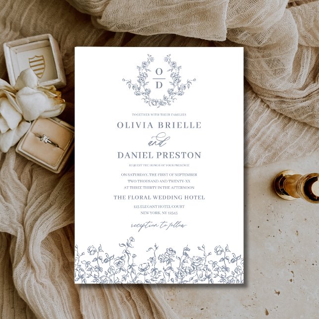 Floral Vintage Dusty Blue Monogram Wedding Invitation (Creator Uploaded)