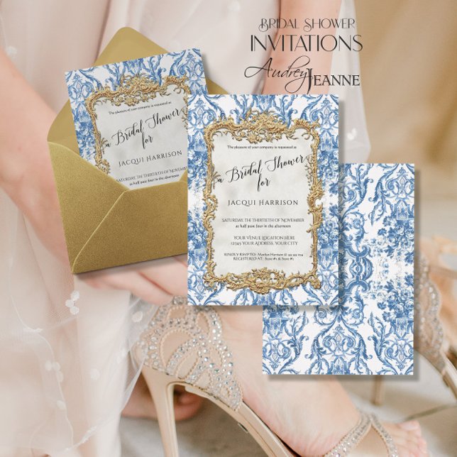 Floral Vintage Elegant Blue Gold Bridal Shower (Creator Uploaded)