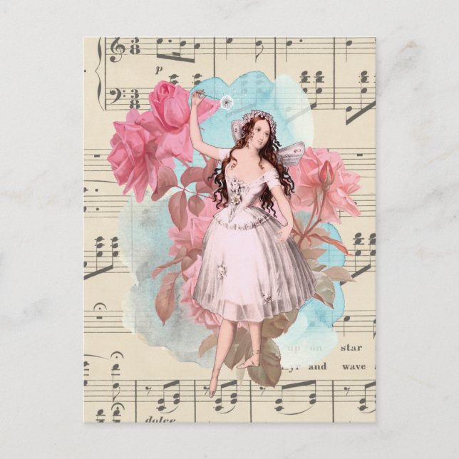Floral Vintage Fairy Music Ballerina Dancer Postcard (Front)