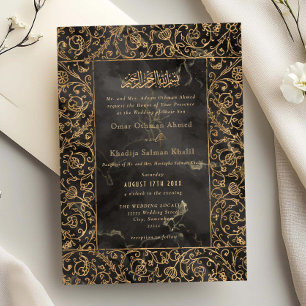 Floral Vintage Gold & Black Marble Islamic Wedding Invitation
