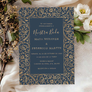 Floral Vintage Gold & Navy Nuestra Boda Wedding Invitation