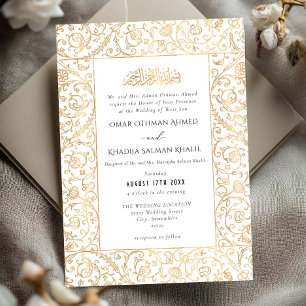 Floral Vintage Gold & White Islamic Muslim Wedding Invitation