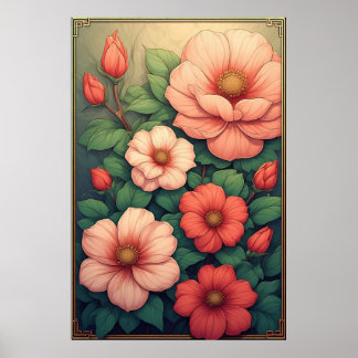 Floral Vintage Green Leaves and Blossoms Poster