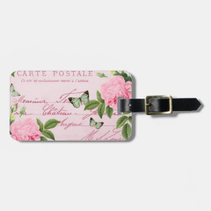 Floral vintage luggage tag w/ pink rose