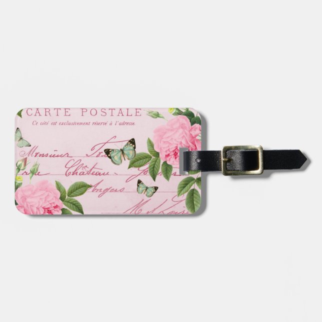 Floral vintage luggage tag w/ pink rose (Front Horizontal)