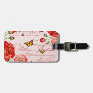 Floral vintage luggage tag w/ red rose flowers