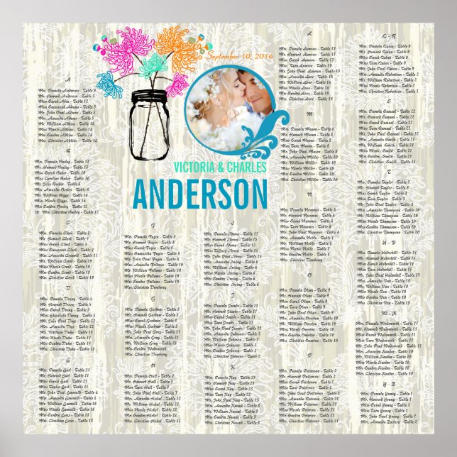 Floral Vintage Modern Mason Jar Seating Chart (Front)