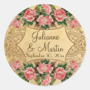 Floral Vintage Modern Pink Roses Love Birds Swirls Classic Round Sticker