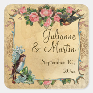 Floral Vintage Modern Pink Roses Love Birds Swirls Square Sticker